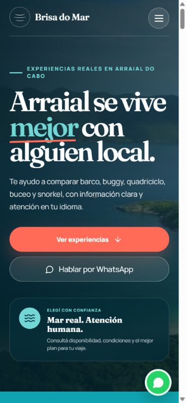 Multilingual Brisa do Mar home page for tourism experiences in Arraial do Cabo