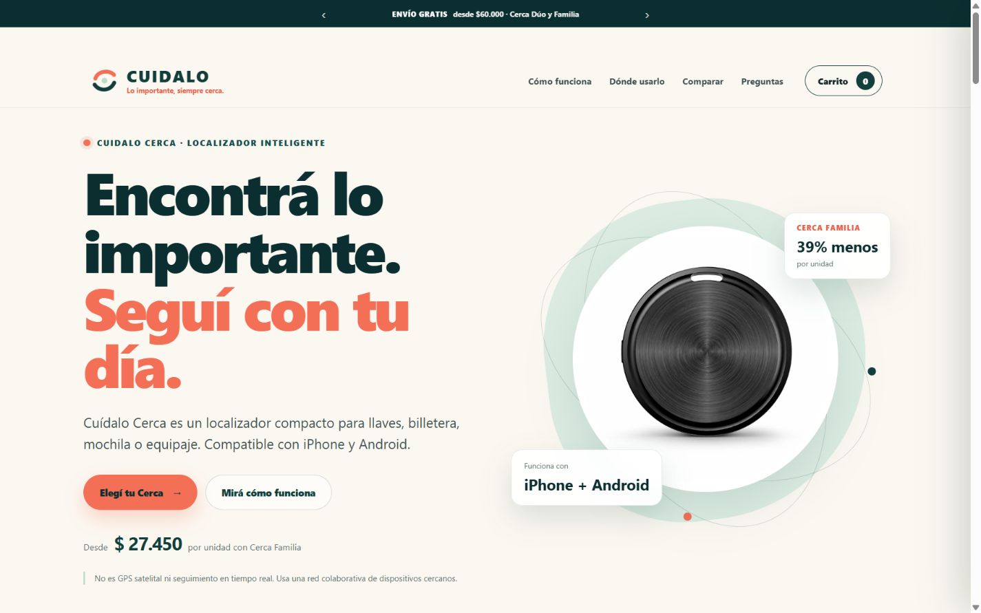 CUIDALO MVP home with a compact item finder and a peace-of-mind value proposition